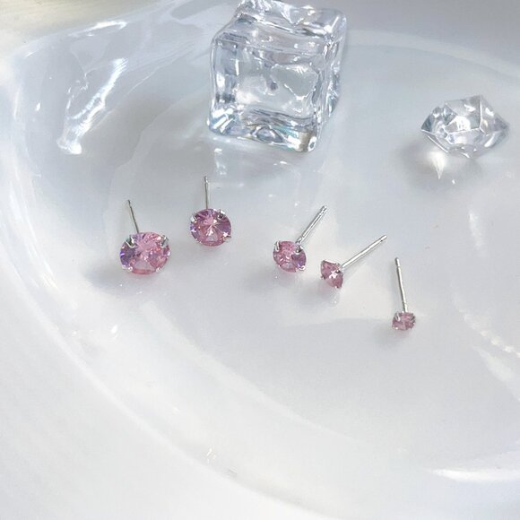 3/$35 Sterling Silver 4mm Pink Ear Studs Earrings Cubic Zirconia Diamond - Picture 6 of 7